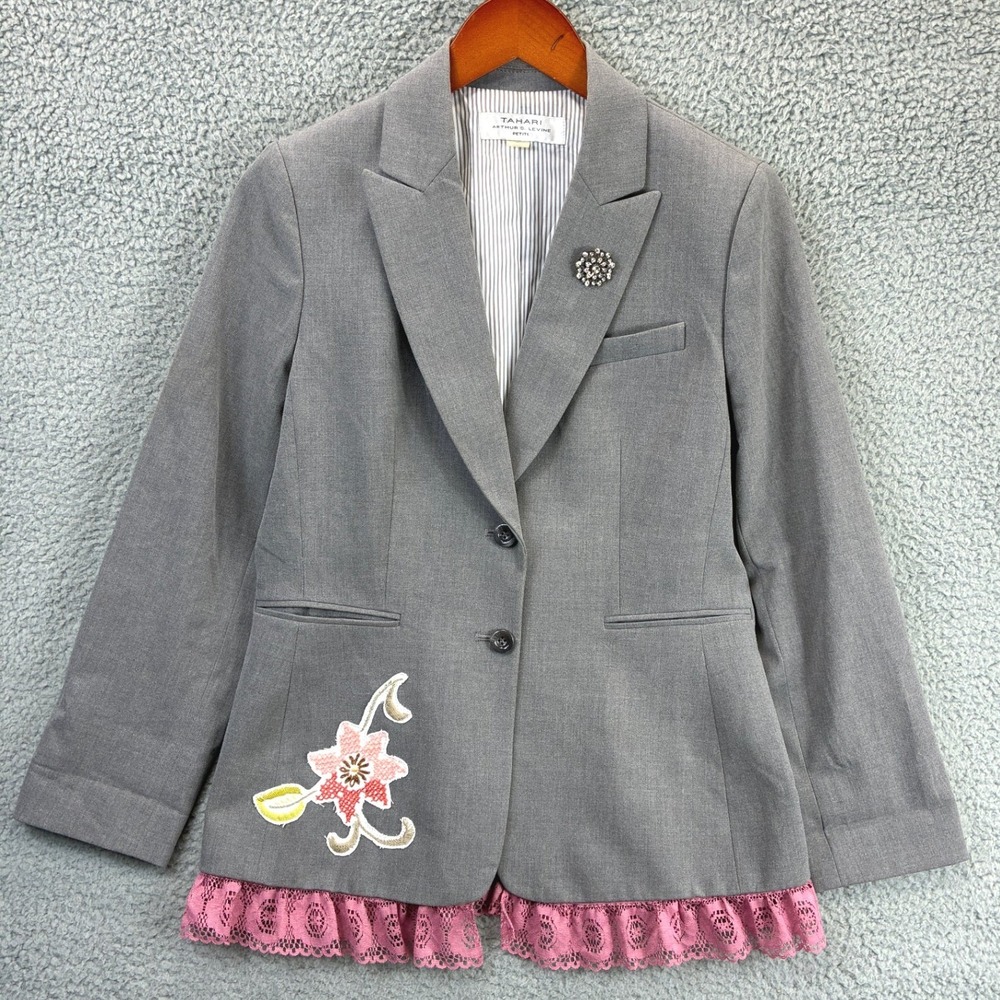 Tahari Arthur S Levine Lace Trim Blazer Jacket Womens 8P Gray Tailored Office
